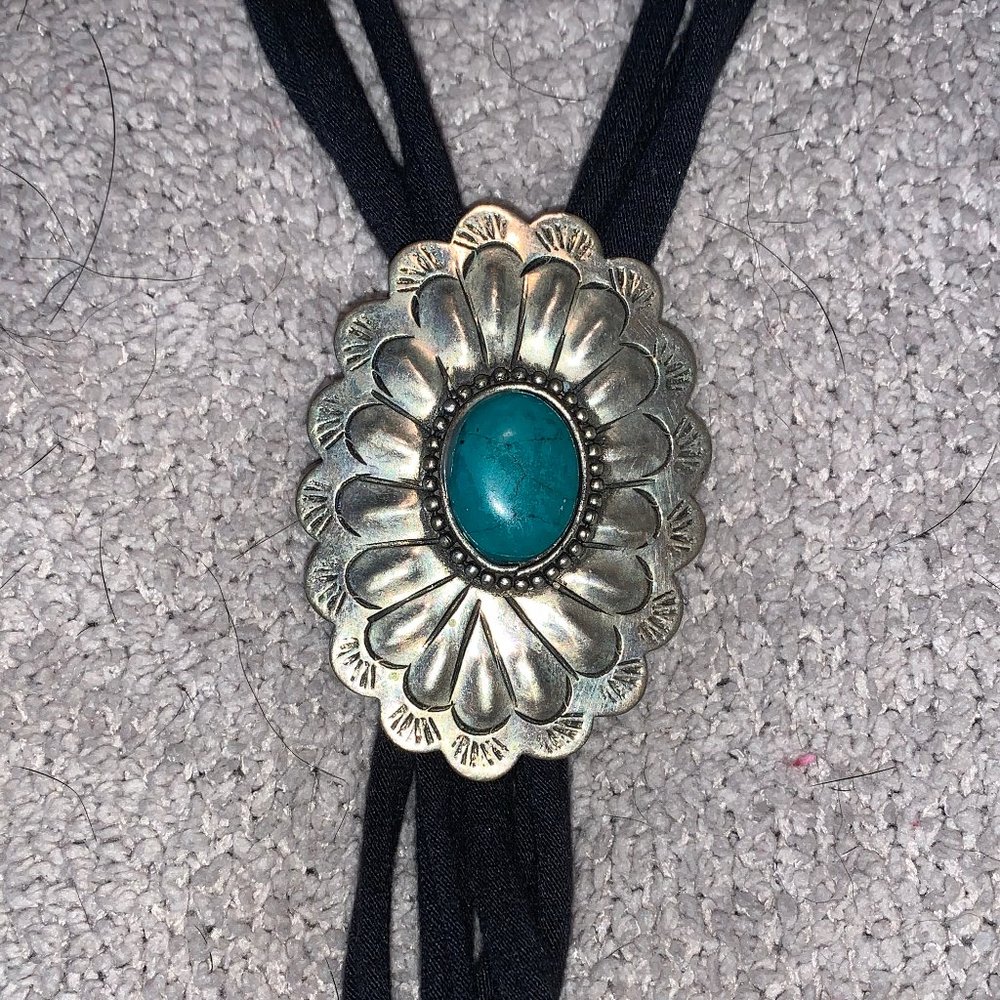 Black suede and silver/turquoise bolo necklace